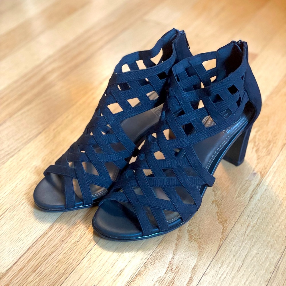 EUC IMPO Stretch Strappy Black Heels - Size 6